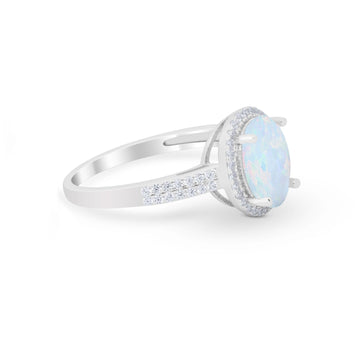 Oval  Engagement Ring Round Lab Created White Opal 925 Sterling Silver